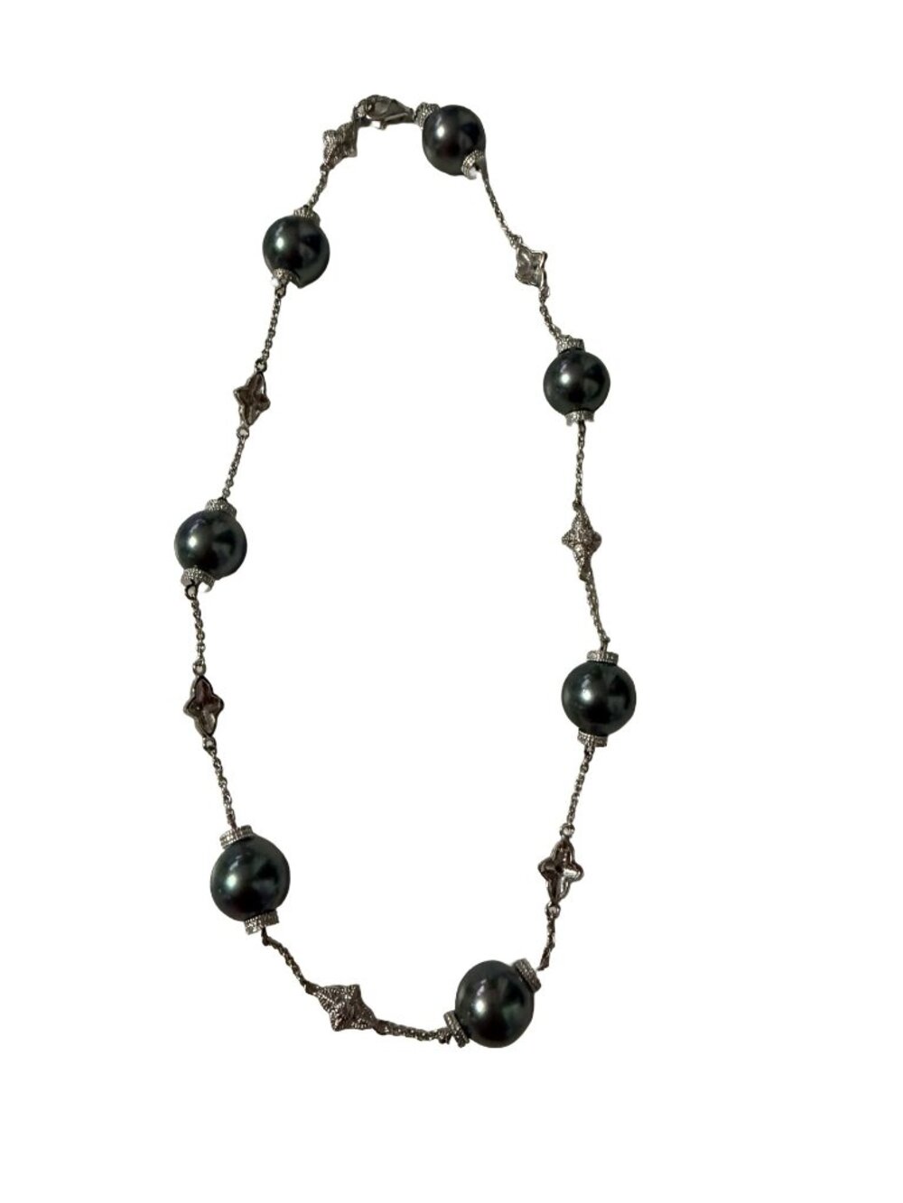 Black Glass Simulated Pearl Silver Tone Station Necklace 14 Inch Beaded Fashion